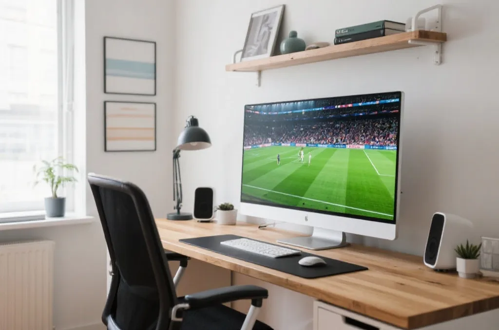 大屏幕电脑显示器播放高清足球比赛直播的场景