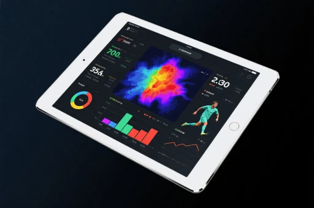 A tablet device displaying colorful sports statistics and heatmaps on a dark background