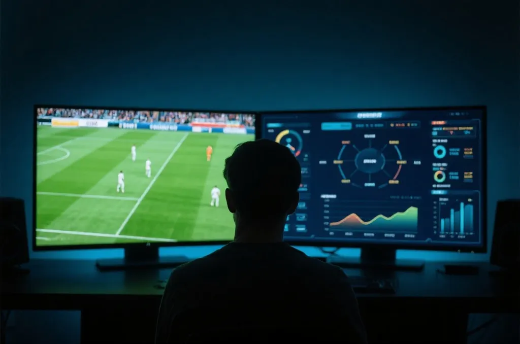 A person watching a live sports match with a customized data overlay on a secondary screen