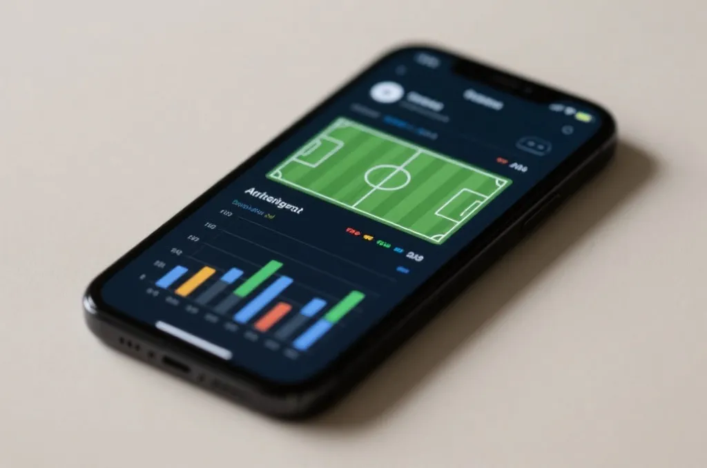 Close-up shot of a smartphone screen displaying a generic sports analytics dashboard with soccer field graphics and performance charts, clean interface, neutral background